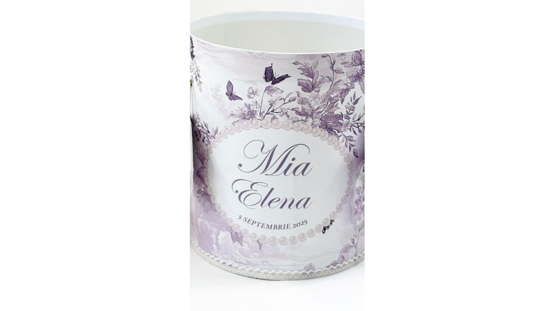 Trusou botez Purple Toile cu fluturi și flori mov personalizat 6